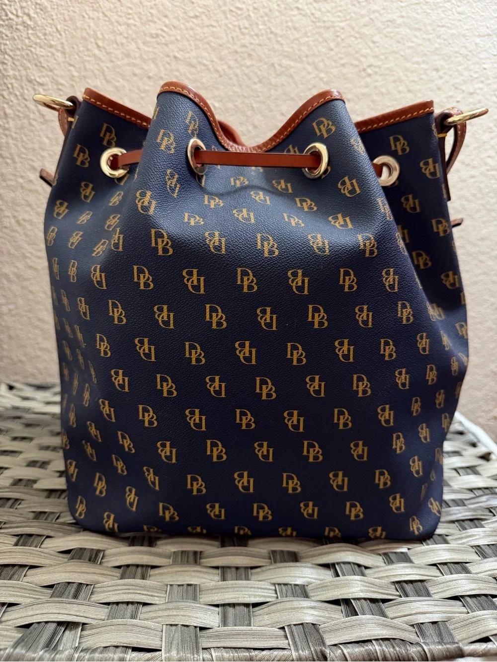 Dooney & Bourke Gretta Navy and Brown Monogram Drawstring Bucket Bag - Picture 4 of 14